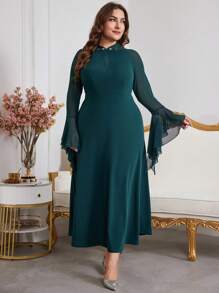 Modelyn Vestido largo elegante de talla grande para mujer con mangas acampanadas decoradas con perlas falsas de malla, vestidos línea A elegantes para fiesta de noche/invitado de boda/vestidos largos de noche para aniversario - Verde Oscuro - Ver 4