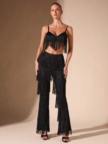 SHEIN BAE Conjunto de 2 piezas de unicolor con flecos para otoño/invierno - Pantalones con flecos y top de tirantes, elegante para salir de noche, cita, disfraz para mujeres - Negro - Ver 4