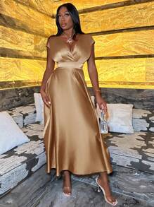 Slaydiva 情人节连衣裙音乐节日新年连衣裙交叉V领低胸约会优雅性感少女崇拜紧身舞会闪亮缎面粉色玫红色女装连衣裙茶会长袖女士性感半正式连衣裙