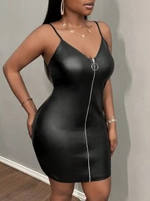 Slaydiva Plus Size Black Sexy Solid Backless Spaghetti Strap Wrapped Skirt Plus Size Dresses-W - Black - View 4