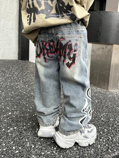 SHEIN Quần Jeans Xanh Rộng Rãi Phong Cách Retro Vintage Washed Flame Cho Bé Trai, Quần Áo Thu Cho Bé Trai