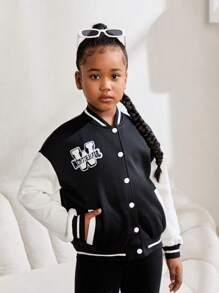 Tween Girl Contrast Color Patching Badge Loose Bomber Jacket - Black and White - View 1