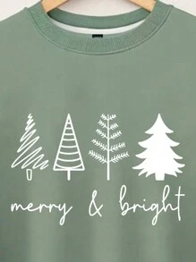 SHEIN LUNE Áo nỉ nữ cỡ lớn in hình cây thông Noel rực rỡ và tươi vui, thích hợp mặc mùa thu. - màu xanh lá - Xem 3
