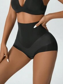 Women High Waisted Solid Color Shaping Briefs - Black - View 5
