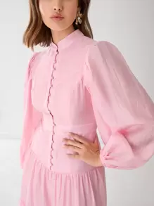 Enchnt Spring/Summer Romantic  Women's Elegant Solid Color Lantern Sleeve Dress,Sweet&Elegant For Wedding&Holiday &Sweet Date Night&Daily&Vacation&Garden Parties & Music Party - Pink - View 2