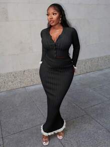 Slaydiva 秋冬休闲优雅V领长袖开襟截角微喇叭袖口上衣修身长裙绿边玫粉色罗纹针织针织女毛衣两件套-A