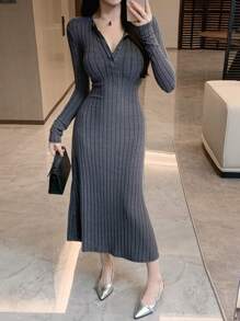 DAZY Women's Half-Placket Textured Ribbed Long Bodycon Dress,Fall Dress Long Sleeve Dress - Dark Grey - View 7