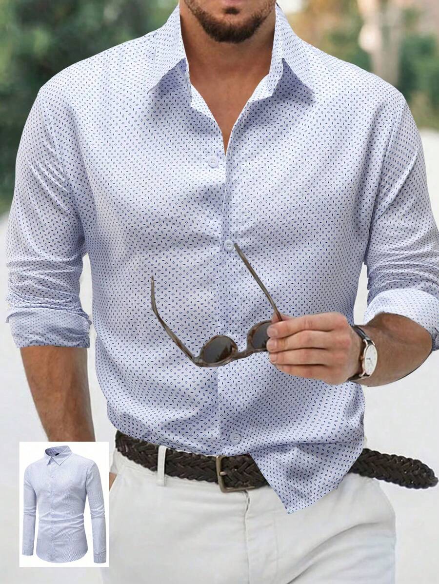 Manfinity Mode Men's Full-Printed Long-Sleeved Shirt, Fall - White - View 1