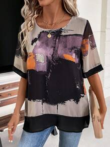 SHEIN LUNE Women's Summer Round Neck Tie-Dye Printed Loose Casual Blouse - Black - View 3