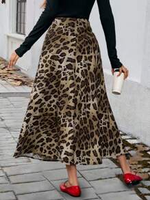 SHEIN Unity Falda midi elegante y con estilo con estampado de leopardo, cintura alta suelta y cremallera para mujer de moda - Multicolor - Ver 2
