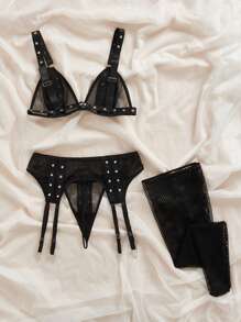 SHEIN 女士铆钉装饰网眼撞色性感内衣套装 - 黑色 - 查看 2