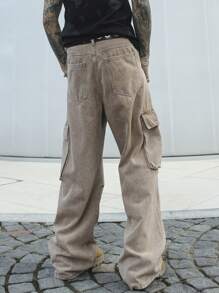 Manfinity EMRG Quần Cargo Denim Giặt Thường Ngày Cho Nam - Màu Khaki - Xem 2