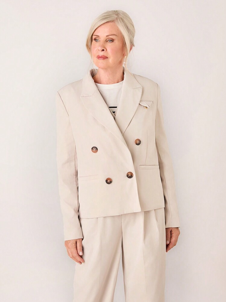 SHEIN LUNE Women's Lapel Button Front Long Sleeve Casual Chic Fashion Blazer - Beige - View 1