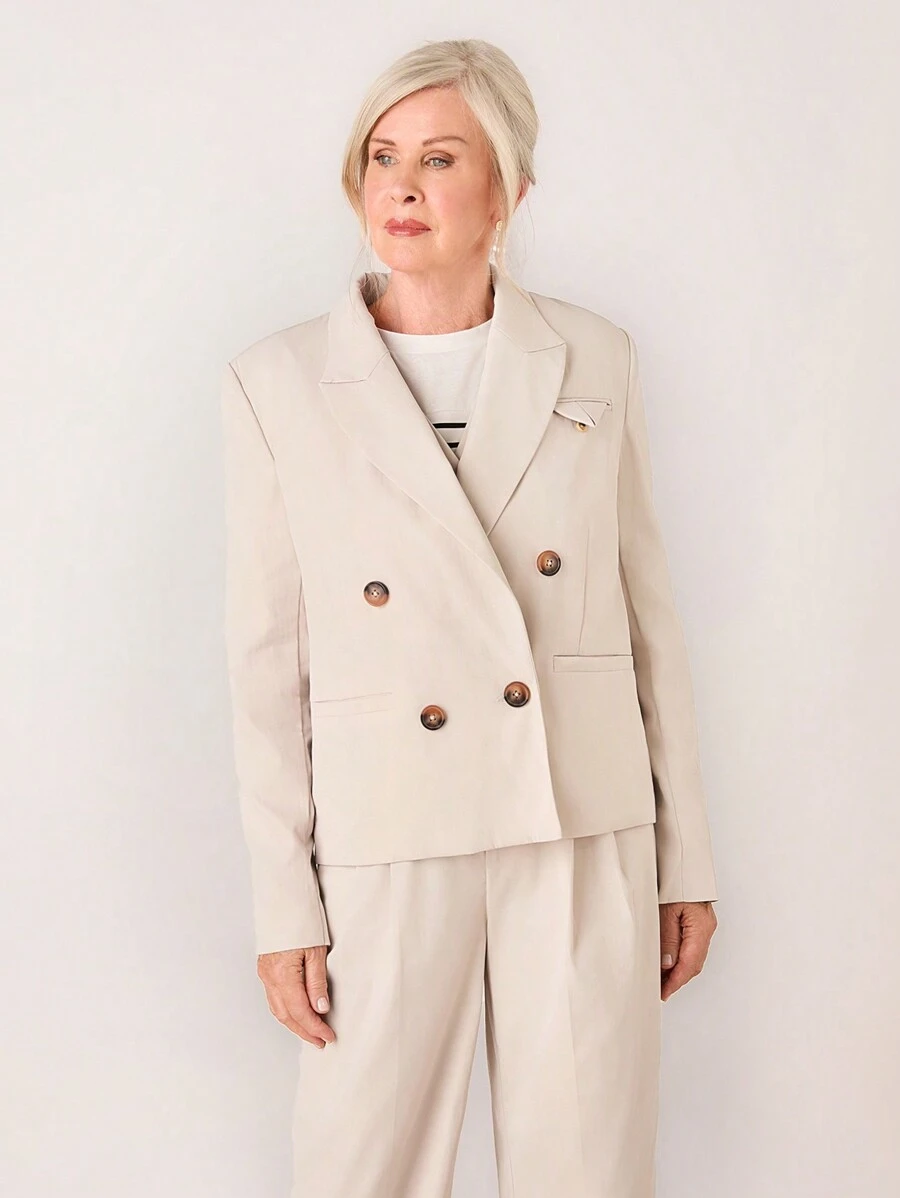 SHEIN LUNE Women's Lapel Button Front Long Sleeve Casual Chic Fashion Blazer - Beige - View 1