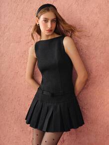 Enchnt Vestido Elegante Feminino Sem Mangas com Plissados e Decote Nas Costas, Cor Sólida, Verão - Preto - Visão 2