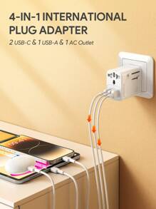 JMMO Adaptador de enchufe internacional GaN de 65W, adaptador de viaje universal con 3 puertos USB que incluyen 2 puertos USB-C y 1 puerto USB-A, compatible en talla grande de 150 países con EE. UU., Reino Unido, UE y AU - Blanco - Ver 2