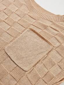 Casual Loose Solid Color Checkerboard Texture Batwing Sleeve Pocket Knitted Top