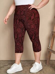 EMERY ROSE Plus Size Casual Paisley Print Leggings Summer Dress Outfits For Women Spring Clothing Outfit Beach Vacation Holiday Country Style - Burgundy - View 6