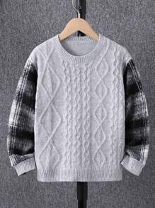 Tween Boys Minimalist Casual Plaid Patchwork Textured Knit Sweater, Warm For Fall & Winter Wear, Suitable For School And Outdoor Activities - Grey - View 1