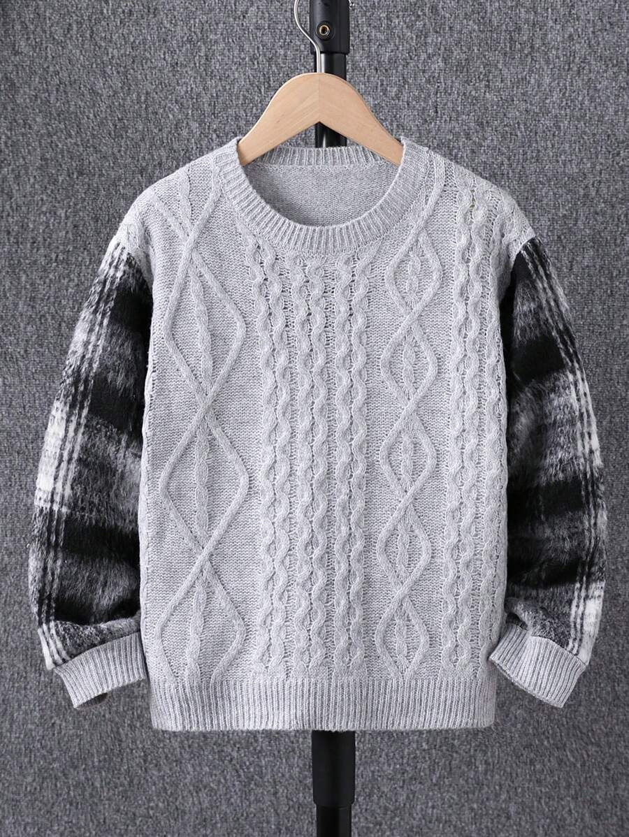 Tween Boys Minimalist Casual Plaid Patchwork Textured Knit Sweater, Warm For Fall & Winter Wear, Suitable For School And Outdoor Activities - Grey - View 1