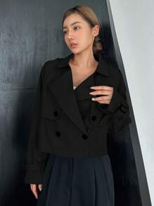 DAZY Women Casual Solid Color Double-Breasted Short Trench Coat,Fall Clothes Jacket - Black - View 5