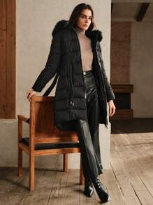 Anewsta Áo khoác đệm đơn sắc có khóa kéo phía trước bằng vải chắp vá mềm mại - màu đen - Xem 5