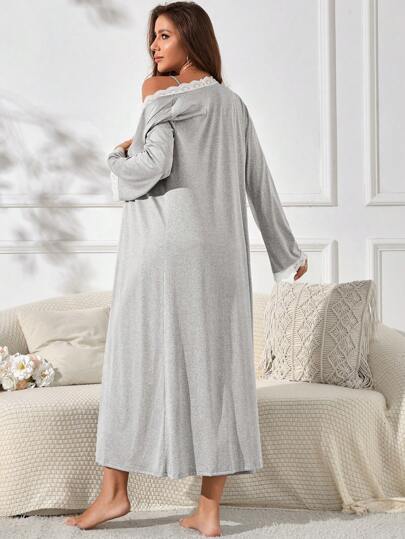 Long Sleeve Kanten Robe Spaghetti Strap Elegante Sleep Dress Pajama Set, Fall Clothes Cozy view 2