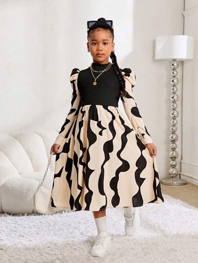 SHEIN Tween Girl Stickade Pit Strips med geometriskt mönster av fårköttsärmar, långärmad klänning, mellanlång klänning, lämplig för höst och vinter