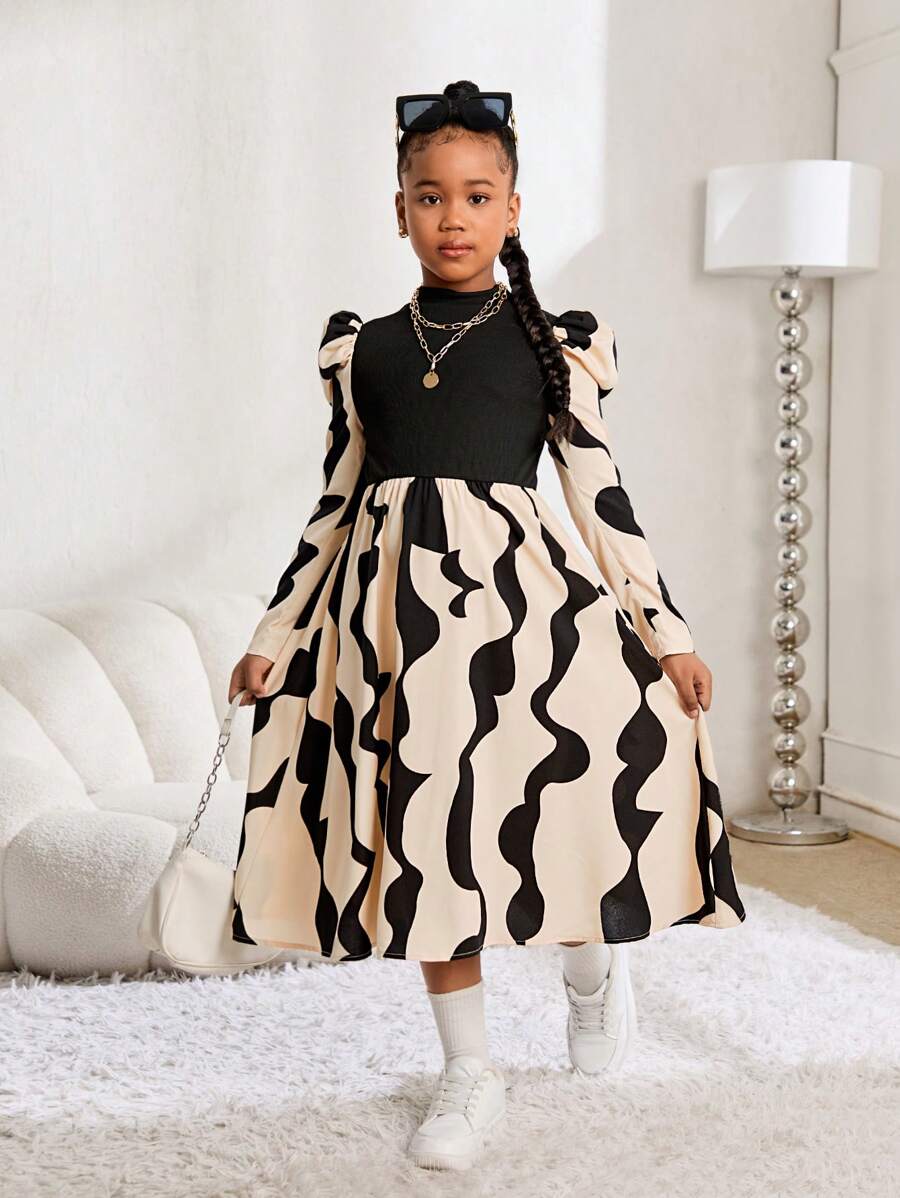 SHEIN Tween Girl 针织坑条几何图案羊腿袖长袖连衣裙中长款连衣裙适合秋冬季