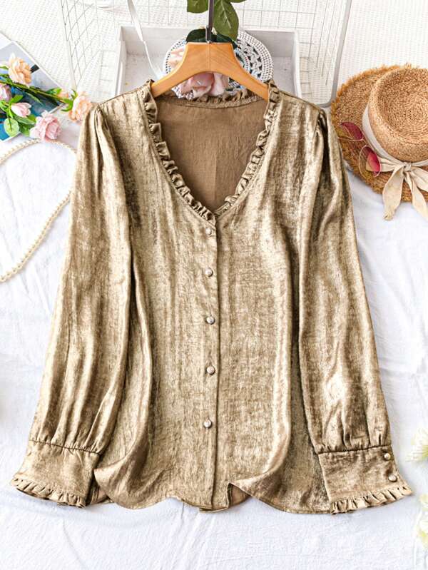 DreamSkyne Exquisite & Elegant  Plus Size Long Sleeve V-Neck Blouse With Metallic Print Ruffle Hem For New Year Holiday Party Clothes