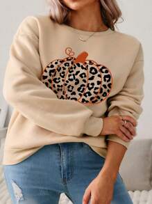 SHEIN LUNE 大码女式休闲万圣节南瓜豹纹印花圆领长袖宽松运动衫