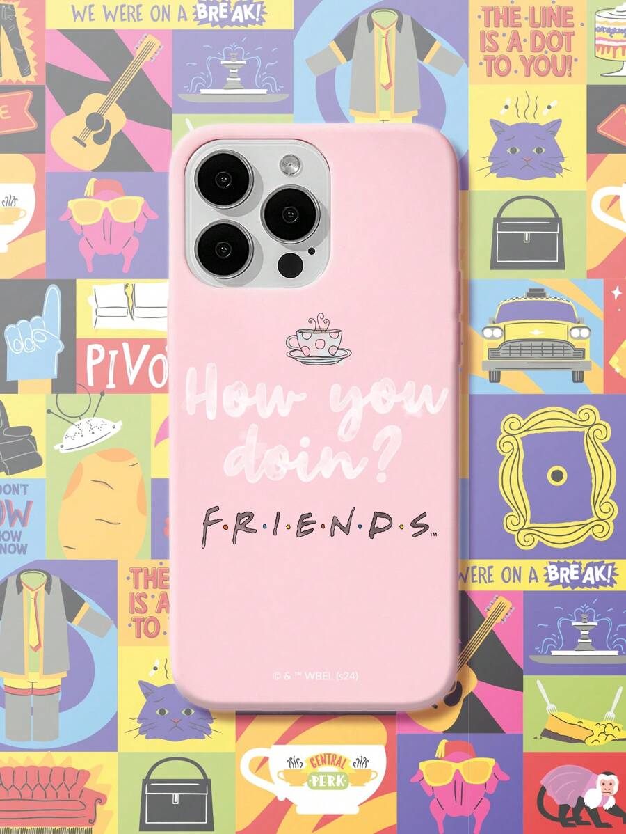 FRIENDS X SHEIN Funda de teléfono con logotipo rosa, lema y estampado de café - Rosa - Ver 1