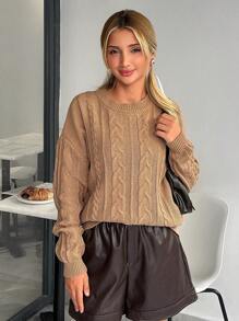 EURMUSE Cable Knit Jacquard Pattern Casual Sweater, Spring Autumn - Khaki - View 1