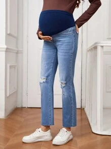 SHEIN Adjustable Waist Distressed Straight Leg Maternity Jeans - Medium Wash - View 3
