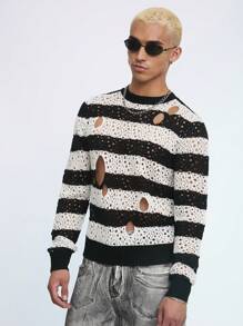 Manfinity Roghcode Men 1pc Striped Pattern Cut Out Sweater - Multicolor - View 2