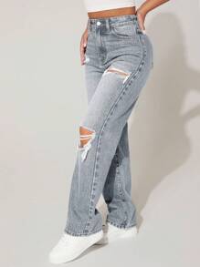 SHEIN PETITE Front-Button Multi-Pocket Ripped Denim Jeans, Casual Everyday Wear - Grey - View 5