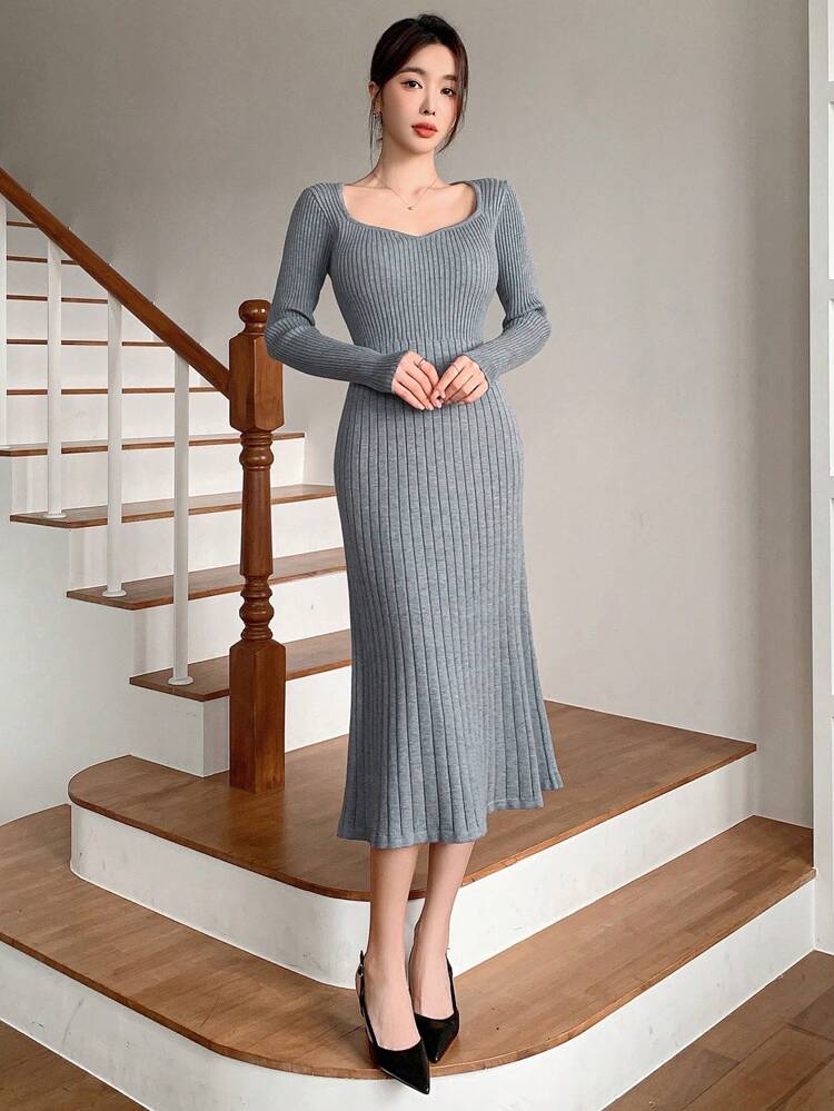 Women's Solid Color Sweater Dress With Ruffle Hem, Long Sleeve, Elegant Fitted, For Autumn & Winter,Fall Women Clothes