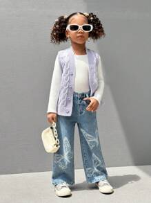 SHEIN Explorewe Young Girls New All-Match Versatile Washed Butterfly Print Straight Leg Wide Jeans - Light Wash - View 5