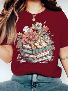 INAWLY Áo thun in hoa và sách mùa hè cỡ lớn dành cho nữ, phù hợp cho ngày Nhà giáo - Màu Đỏ Sâu - Xem 3