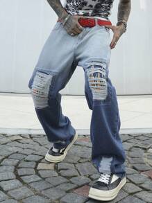 Manfinity EMRG 男式宽松破洞直筒休闲牛仔裤 - 中等水洗藍 - 查看 4