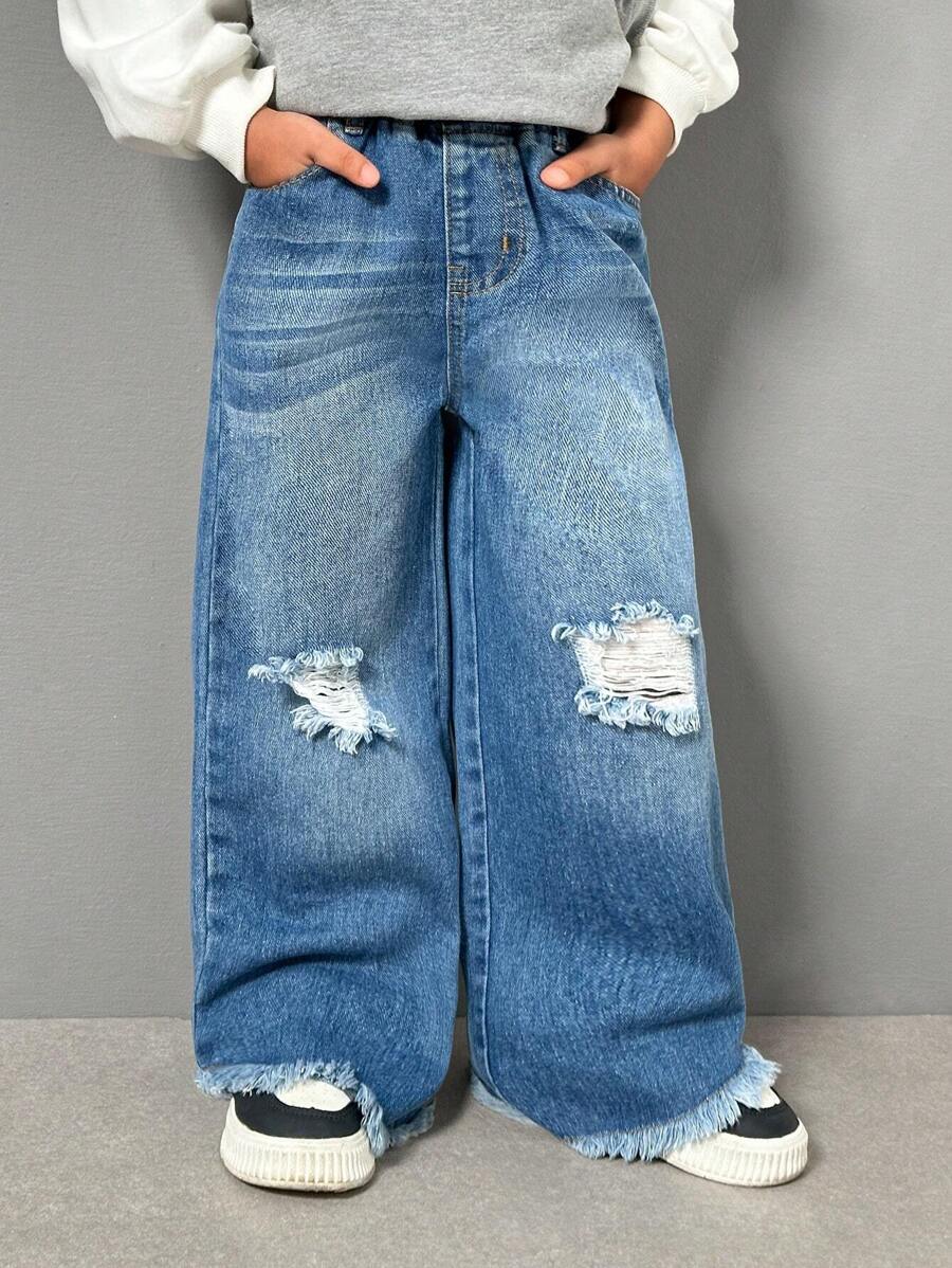 SHEIN Explorewe Young Girls Washed & Faded Denim Jeans - Medium Wash - View 1