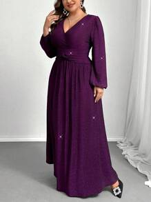 SHEIN Privé Vestido morado de manga larga fluido y holgado con giro romántico, elástico y metálico elegante y de lujo para fiestas y eventos de talla grande para mujer - Morado - Ver 3