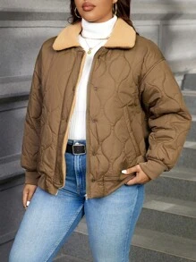 SHEIN Essnce Plus Size Women's Lapel Zip-Up Long Sleeve Fashionable Casual  Green Padded Coat - Army Green - View 4