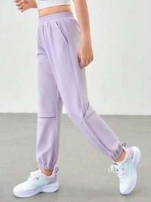 SHEIN 宽松紫色反光条纹舒适透气速干女童运动裤，休闲校园街头时尚户外运动长裤 - 紫色 - 查看 5