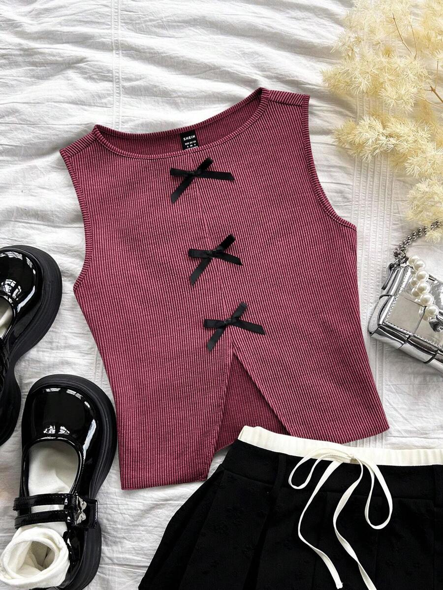 Soleia Áo ba lỗ họa tiết sọc retro jacquard giản dị cho nữ đi nghỉ mát có đường xẻ phía trước và giữa, trang trí nơ - Gỗ đỏ - Xem 1