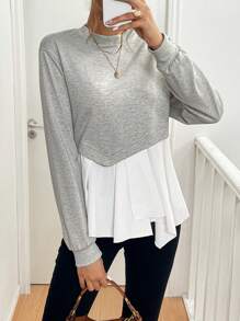 SHEIN Essnce Jersey de cuello redondo para mujer, otoño 2024, diseño asimétrico con bloqueo de color y empalme, jersey de otoño 2 en 1, parte superior suelta con dobladillo en A, gris, manga larga