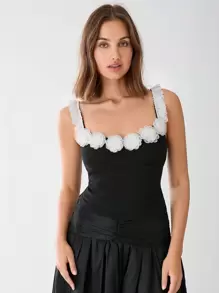 Enchnt Camiseta de mujer elegante con decoración floral 3D, verano