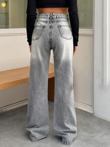 RueChic 100% 纯棉女式直筒宽松牛仔灰色牛仔裤 - 黑色 - 查看 2