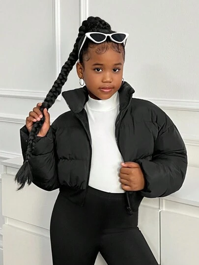 SHEIN Tween Girls Minimalist Comfortable Fashionable Oversized Cropped Length Stand Collar Padded Coat, Super Warm,In Fall/Winter