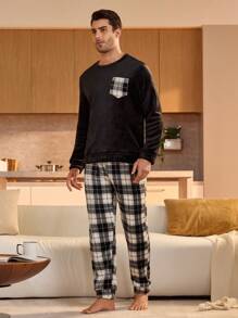 Manfinity Underwear&Sleepwear Basics 2 piezas Conjunto de prendas de estar en casa para hombre de cuello redondo de unicolor, de manga larga, con parche, estilo simple